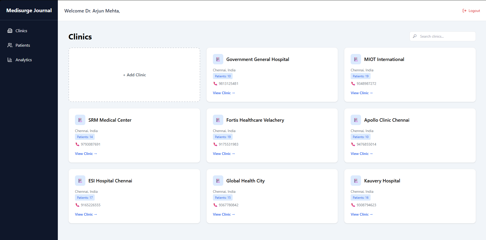 Medisurge Journal screen for patient and clinic management workflows.