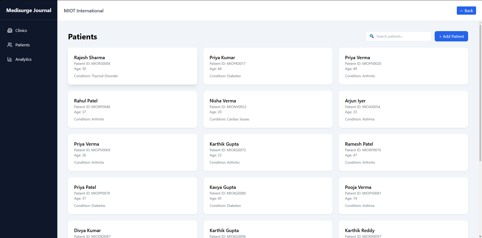 Medisurge Journal workflow screen for clinical context and treatment details.