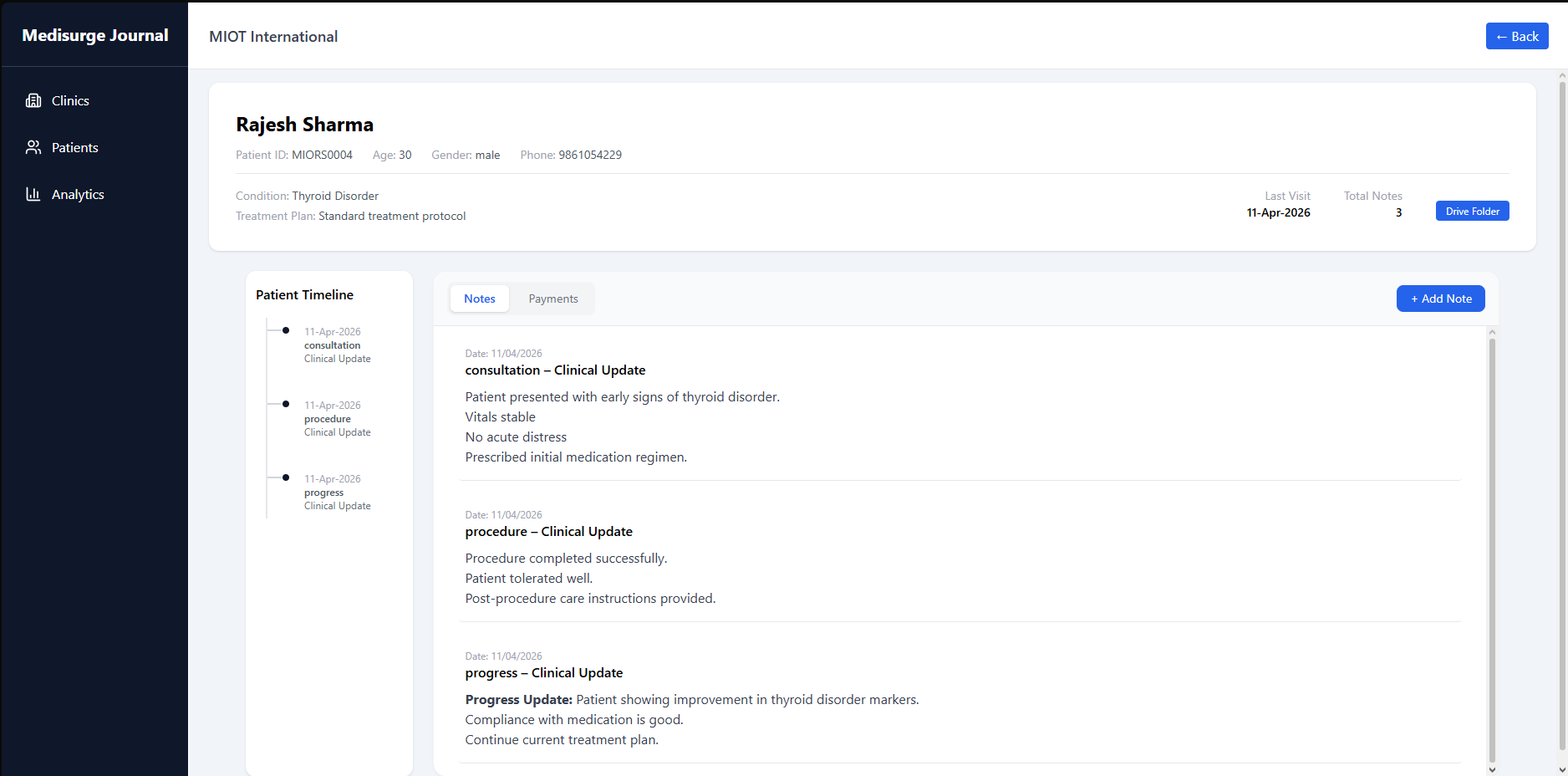 Medisurge Journal software screen for consultation notes and patient record management.