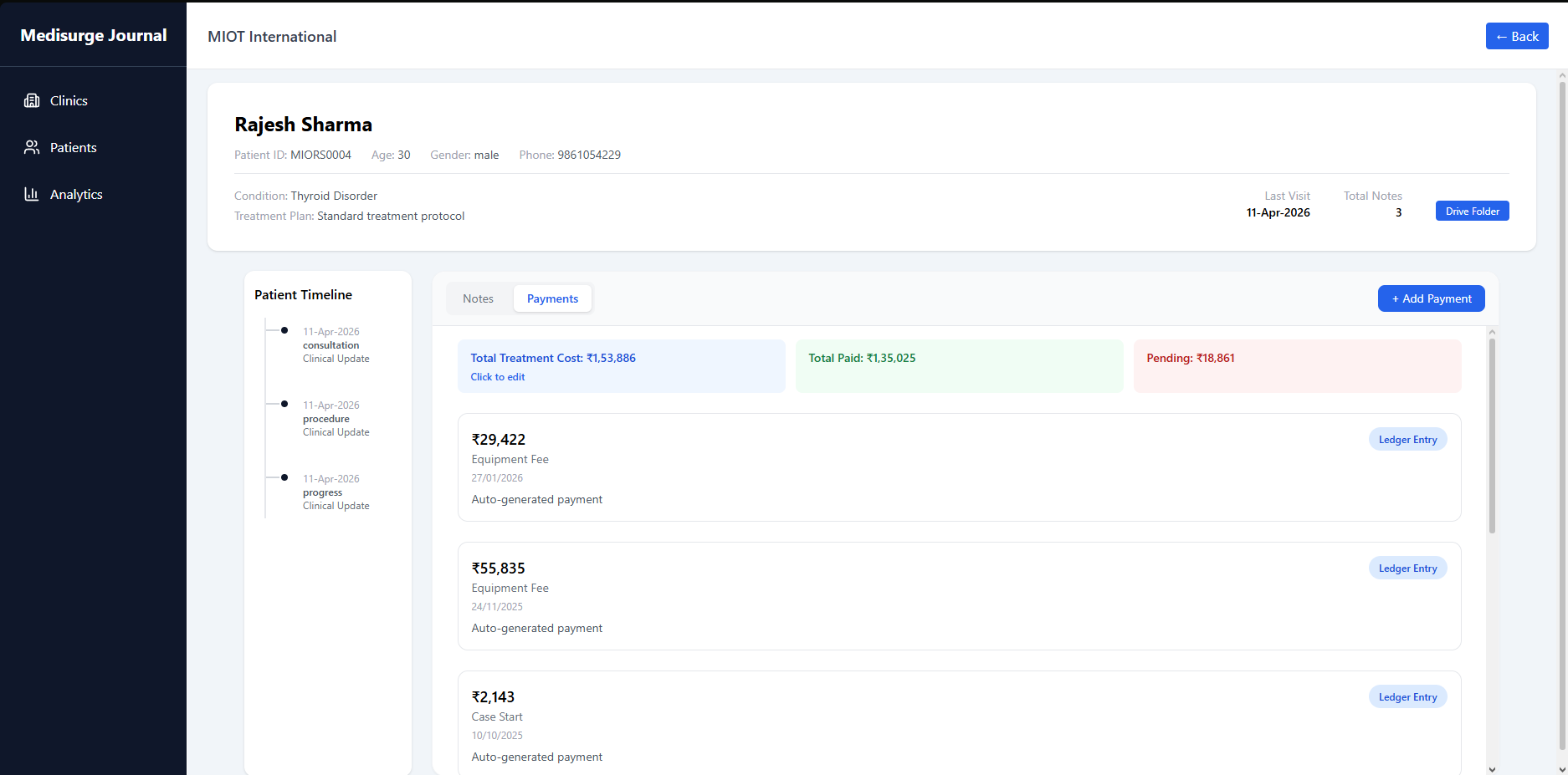 Medisurge Journal payment and financial tracking screen.